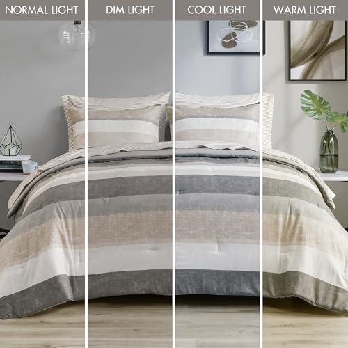 Madison Park Essentials King Comforter Set, Bed in A Bag Comforter & Sheet Set, Modern Casual Stripes Print, All Seasons, Soft Microfiber Bedding Makeover, Matching Shams, King Taupe/Grey 7 Piece Madison Park