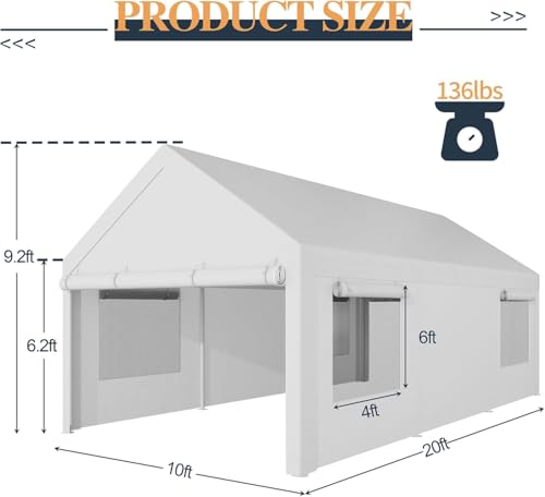 Shintenchi Portable Garage Canopy,10x20 FT Heavy-Duty Design Carport,Carport Canopy with Side-Opening Removable Door & Roll-Up Window,Portable Car Port for Car, Truck, Boat,White Shintenchi