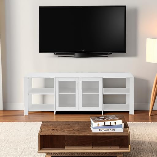 Panana TV Stand Television Stands Cabinet with 2 Doors 4 Open Cubby Storage Cabinets for Living Room Bedroom for TVs up to 70 Inches (White, 62.99 inch) Panana