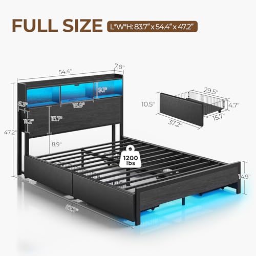 Rolanstar Full Bed Frame with Storage Headboard & 4 Drawers, Metal Platform Bed with Charging Station, LED Single Bed with Side Shelf, No Box Spring Needed, Easy Assembly, Black Rolanstar