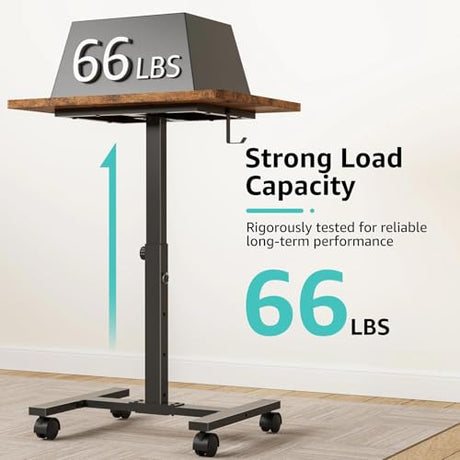 Small Portable Standing Rolling Desk - 24 Inch Mobile Stand Up Desk Adjustable Height on Wheels for Small Spaces, Couch Kids Laptop Desks End Side Table, Teacher Podium for Classroom, Rustic Brown WINAZ