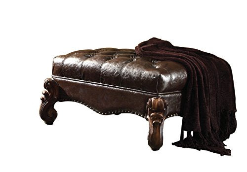 Acme Versailles Faux Leather Upholstered Ottoman in Dark Brown and Cherry Oak - WoodArtSupply