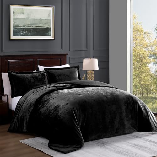 TAMGHO Crushed Velvet Comforter King, Black King Size Bedding for All Seasons, Luxury Soft 3pc Bed Set, 1 King Comforter (108"x96") and 2 King Pillow Shams (20"x36") TAMGHO