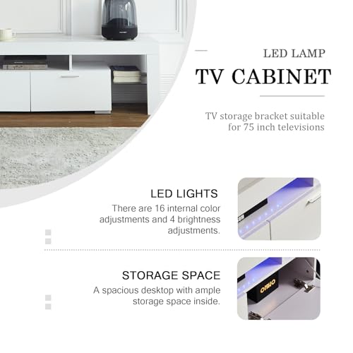 FENFSHE LED TV Stand for 65/70/75 Inch TV, Entertainment Center with Storage Drawer, Industrial TV Console Table for Living Room and Bedrooms, White FENFSHE
