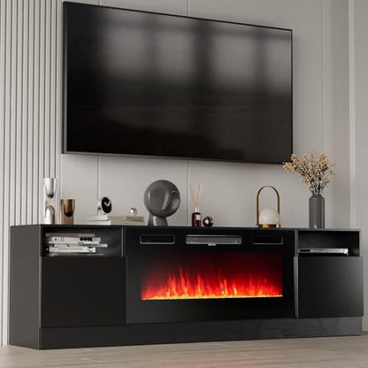 Breezestival Fireplace TV Stand with Two Hinged Doors for TVs UP to 80", Modern Electric Fireplace Entertainment Center with LED Lights & Storage Cabinets, TV Stand for Living Room 70" Black  - WoodArtSupply