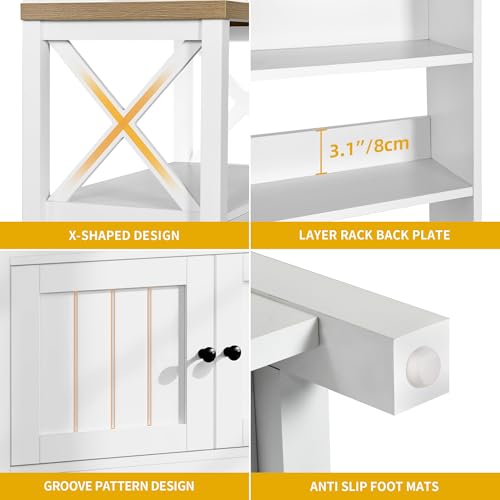 DWVO White Baker Rack with Power Outlet and Storage, Farmhouse Microwave Stand with Door for Kitchen, 5-Tiers Tall Coffee Bar Station Cabinet Thickened Counter with Hutch Shelves