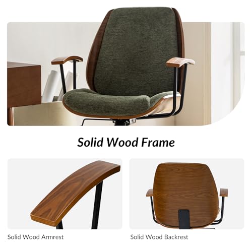 HULALA HOME Solid Wood Office Chair with Rocking Function, Comfy Fabric Desk Chair with Bent Wood and Metal Base, Height Adjustable Swivel Computer Task Chair, Green HULALA HOME
