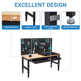 60 Inch Adjustable Work Table, 3000 Lbs Capacity Rubber Wood Tabletop Workbench, Heavy Duty Work Bench Table with 2 Drawers & Pegboard for Garage Woodworking Shop, with Power Outlet & Pegboard EliteEdge