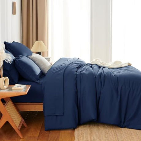 HIMEET Queen Comforter Set - 7 Pieces Bed in a Bag Queen Size, Luxury Comforter Set with Sheets for All Season, Bed Set with Comforter, Flat Sheet, Fitted Sheet, Pillowcases & Shams, Navy Blue HIMEET