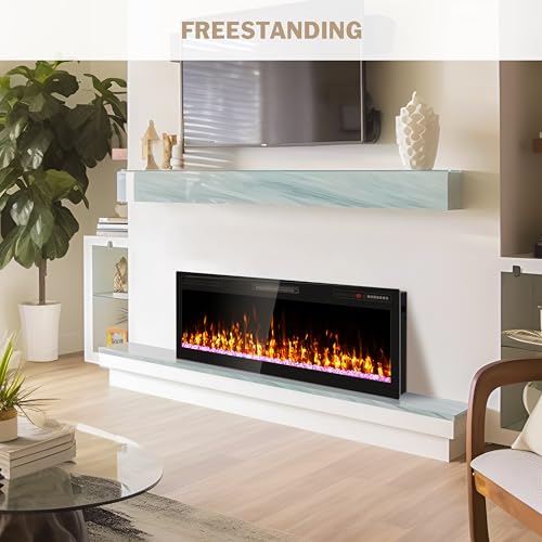 Ludatido 50 Inch Electric Fireplace Wall Mounted and Recessed with Remote Control, Color Adjustable/Realistic Flame W/Timer 1500/750W 400 sq.ft Heating Output Fireplace Heater Ludatido