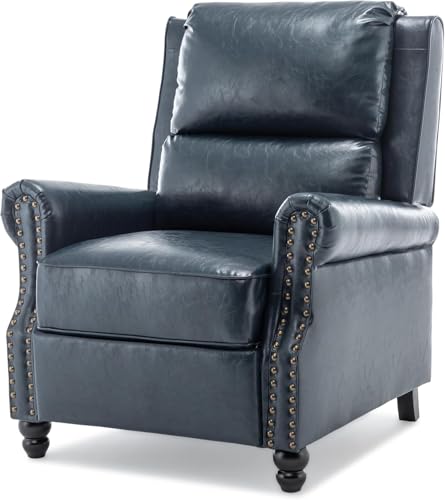 Pushback Recliner Chair, Faux Leather Wingback Recliner Chair, Upholstered Armchair Push Back Recliner with Wood Legs, Rivet Trim Single Sofa Accent Chair for Living Room, Bedroom, Navy Qatiby