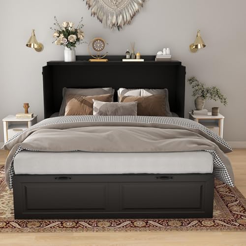Mhsatyrs Murphy Bed Full Size: Black 2 in 1 Murphy Bed Cabinet with Drawer, Wood Cabinet Bed with Charging Station, Modern Hidden Beds for Small Spaces Mhsatyrs