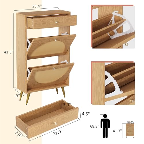 Shintenchi Shoe Rack Storage Cabinet with 2 Semi-Circular Rattan Doors and 1 Drawer, Freestanding Shoe Cabinet with Adjustable Shelf for Front Door Entrance, Hallway, Oak Shintenchi