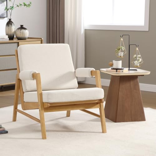 CIMOTA Mid Century Modern Accent Chair, Linen Upholstered Living Room Chairs with Arms, Comfy Reading Chair with Solid Wood Frame, High Back for Bedroom, Waiting Room, Office, Beige CIMOTA