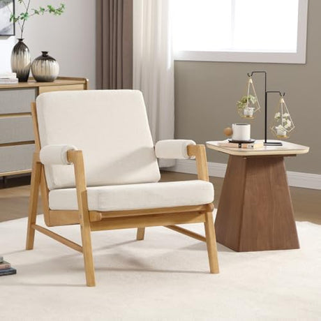 CIMOTA Mid Century Modern Accent Chair, Linen Upholstered Living Room Chairs with Arms, Comfy Reading Chair with Solid Wood Frame, High Back for Bedroom, Waiting Room, Office, Beige CIMOTA