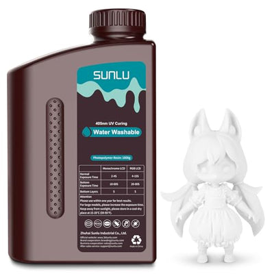 SUNLU Water Washable 3D Printer Resin, 1kg Fast Curing 3D Resin for 2K 4K 8K LCD DLP SLA Resin 3D Printer, 395-405nm UV Curing 3D Printing Photopolymer Resin 1000g, Low Shrinkage High Precision, White