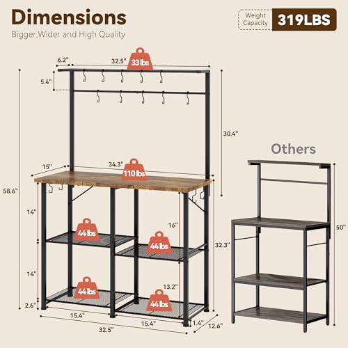 YASONIC Coffee Bar, Bakers Rack with Storage, 34.3 Inches Microwave Stand, 4 Tier Kitchen Shelves Appliance Storage, 14 S Hooks Large Coffee Station for Spices, Pots and Pans, Rustic Brown