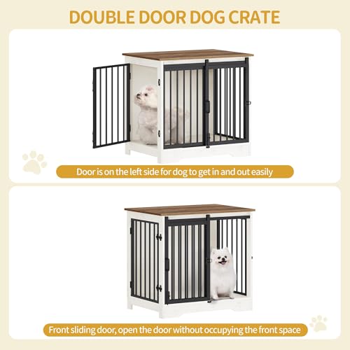 Hzuaneri 27.2" Dog Crate Furniture with Barn Door, Heavy Duty Dog Kennel Indoor with 2 Doors, Wooden Pet Cage End Table for Small Medium Dogs up to 22 lb, Anti-Chew Anti-Escape, White Brown DFC84314B Hzuaneri