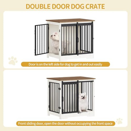 Hzuaneri 27.2" Dog Crate Furniture with Barn Door, Heavy Duty Dog Kennel Indoor with 2 Doors, Wooden Pet Cage End Table for Small Medium Dogs up to 22 lb, Anti-Chew Anti-Escape, White Brown DFC84314B Hzuaneri