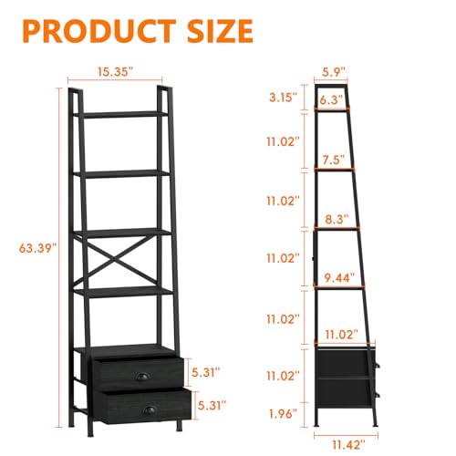 Furologee 5-Tier Industrial Ladder Shelf with 2 Drawers for Versatile Home Storage Furologee
