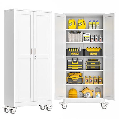 GAIOUS Metal Garage Storage Cabinet with Lock, Steel Tool Cabinet with 2 Doors and 5 Adjustable Shelves, 75” Tall Lockable File Cabinet with Wheels, Organization for Home Office Garage Gym - White GAIOUS