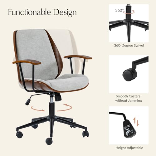 HULALA HOME Solid Wood Office Chair with Rocking Function, Comfy Fabric Desk Chair with Bent Wood and Metal Base, Height Adjustable Swivel Computer Task Chair, Grey HULALA HOME