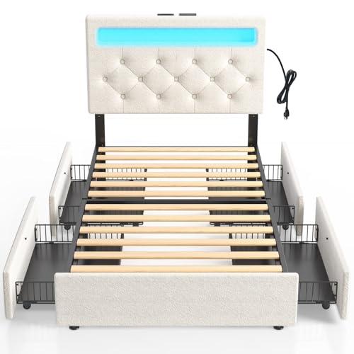Rolanstar Twin Bed Frame with 4 Storage Drawers and Charging Station,Twin Bed with Led Lights, 2 USB & 1 Type C, Adjustable Headboard 38.9/40.8 Inches, No Box Spring Needed, White Rolanstar