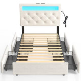 Rolanstar Twin Bed Frame with 4 Storage Drawers and Charging Station,Twin Bed with Led Lights, 2 USB & 1 Type C, Adjustable Headboard 38.9/40.8 Inches, No Box Spring Needed, White Rolanstar