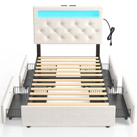 Rolanstar Twin Bed Frame with 4 Storage Drawers and Charging Station,Twin Bed with Led Lights, 2 USB & 1 Type C, Adjustable Headboard 38.9/40.8 Inches, No Box Spring Needed, White Rolanstar
