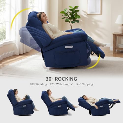 EONIX Dual Motor Power Swivel Rocking Recliner Chair for Living Room, Armless Oversized Shell Shape Lazy Boy Rocker Recliner, Plush Fabric Thickened Cushion, Elevated Soft and Comfort, Navy Blue