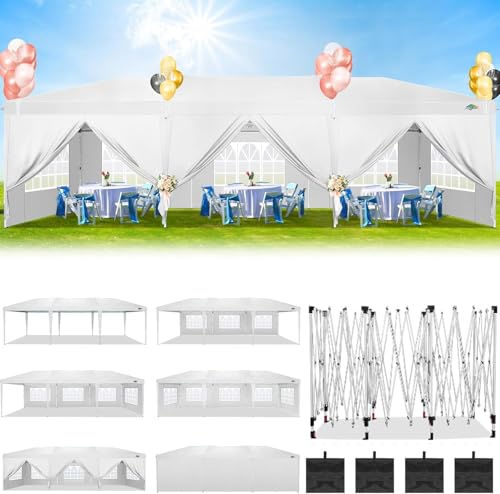 COBIZI 10x30 Pop Up Canopy Tent for Parties with 8 Sidewalls Waterproof Commercial Instant Canopy 10x30 Party Tent for Backyard, Wedding Portable Outdoor Gazebo with Carrybag&4 Sandbags(White COBIZI