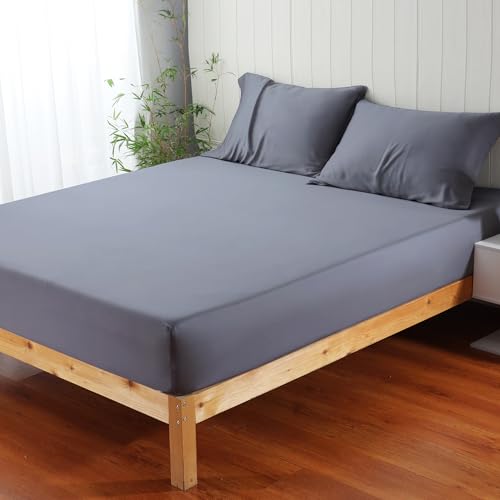 100% Viscose Derived from Bamboo Fitted Sheet with 16" Deep Pocket, Hotel Luxury Silky Bedding, Ultra Soft, Cooling for Hot Sleepers(Dark Grey Full) Zaizaihome