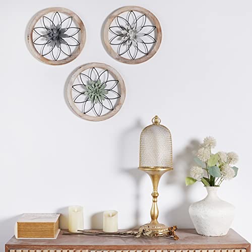 Paquesta 3 Piece Round Farmhouse Wall Decor with 6 Piece Interchangeable Flowers 12'' Medallion Wood & Metal Rustic Wall Art for Living Room Bedroom Kitchen Bathroom Dining Room Home Decorations Paquesta