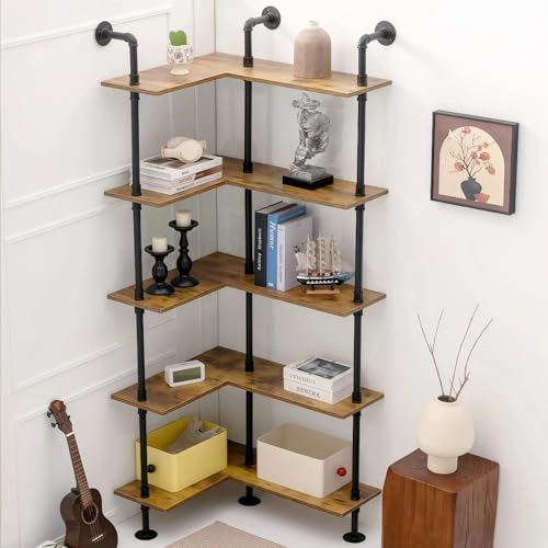 DOFURNILIM Industrial Pipe Corner Bookshelf, Wall Wooden Bookcase with Open Shelves, L Shaped Ladder Pipe Pantry Shelving for Living Room, Bedroom, Home, Office, 5 Tiers DOFURNILIM