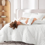 MUXHOMO 7 Pieces Queen Comforter Set, Seersucker Bed in a Bag Queen Size, All Season Luxury Bedding Set with Comforter, Flat Sheet, Fitted Sheet, Pillowcases & Shams, White MUXHOMO