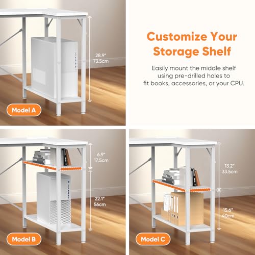 DUMOS L Shaped Desk with Shelf Drawers 47 Inch, White Corner Computer Desks Gaming with Power Outlet, Study Table with Adjustable Shelves, Home Office Tables for Bedroom Teacher Reading Writing DUMOS