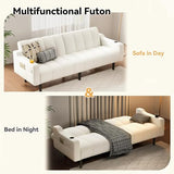 Brelice 80'' Leather Couch, Futon Sofa Bed, Faux Leather Couch with Adjustable Backrest, 2 Cup Holders & Side Pockets, Mid Century Modern Sofa for Living Room, Bedroom, Cream White Brelice