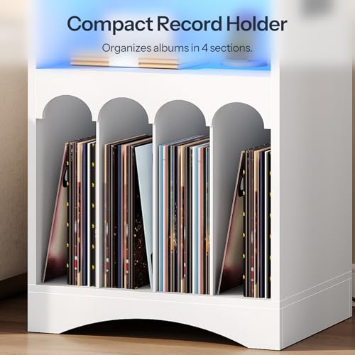 HOOBRO Farmhouse Record Stand with Charging Station and LED Lights, Compact Vinyl Storage Cabinet Holds Up to 230 Albums, Turntable Holder for Living Room, Bedroom, Black and White WB40UDRS01 HOOBRO