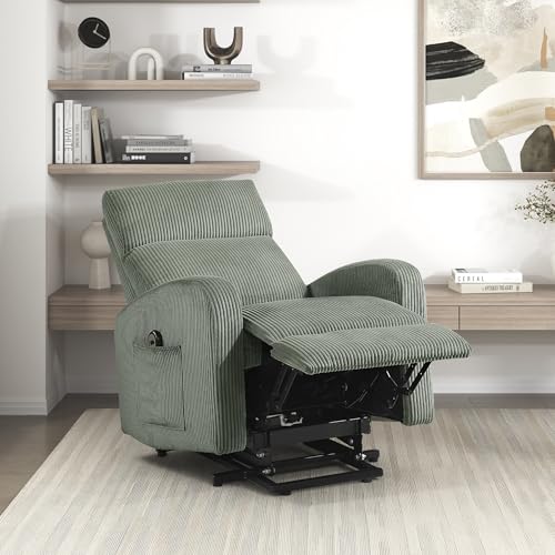 Lexicon Power Lift Recliner Chair for Elderly with Remote Control, Gentle Lift Motion, Side Pocket Armrest, Corduroy Upholstered Electric Recliner for Living Room/Bedroom, Easy Assembly, Green