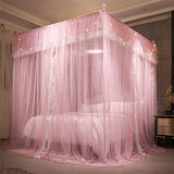 VETHIN 4 Corners Post Ruffle Princess Bed Canopy Curtain-Double Layer Cozy Drape Netting 4 Opening Mosquito Net for Girls Adults Bedroom Decoration (Pink/Whtie, 47" W*78" L*82" H/Twin)
