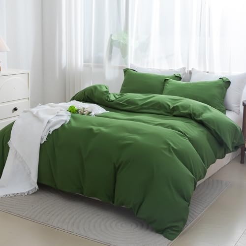 SheRest Olive Green Duvet Cover - Soft Brushed Microfiber, 3 Pieces, 1 Duvet Cover 80x90 Inches with Zipper Closure 8 Ties & 2 Pillow Shams, Breathable Bedding Set for All Season, Full (No Comforter) SheRest