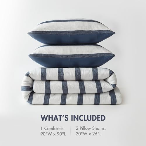 Madison Park Essentials Striped Comforter Set Queen Size, Yarn-Dyed Reversible Comforter with Minimalist Stripes, Crinkled Texture Bedding Set for All-Season Lightweight Warmth, Merritt Blue Madison Park