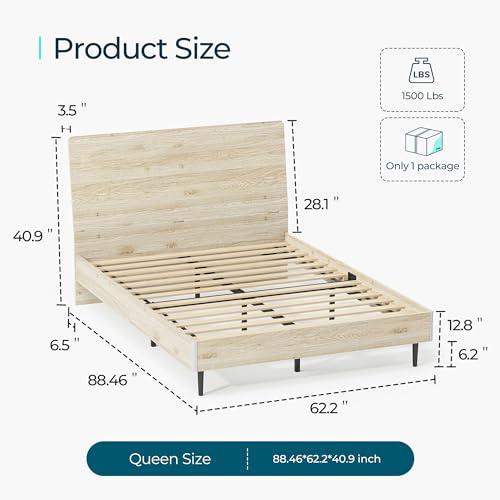 LINSY Queen Bed Frame Wood with Ergonomic Headboard, Farmhouse Bed Frame Queen Size with Storage Shelf, Fast 45-Min Assembly Platform Bed, Noise-Free, No Box Spring Needed - Beige - WoodArtSupply