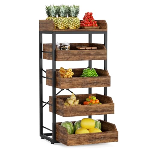 Tribesigns Wood Fruit and Vegetable Storage Rack, 5-Tier Pull-Out Snack Stand Fruit Basket Stand, Utility Shelf Organizer for Kitchen, Living Room, Bedroom, Rustic Brown - WoodArtSupply