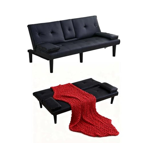 ODOLAR 67" Futon Sofa Bed,Convertible Sofa Bed with 2 Cup Holders,Sleeper Couch PVC Leather Removable Soft Armrest Small Couch for Living Room Apartments ﻿ (Black) ODOLAR