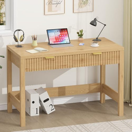 YOMILUVE Fluted Computer Desk with 2 Drawers, 39 Inch Small Computer Desk with Storage, Compact Writing Study Desk for Small Spaces YOMILUVE