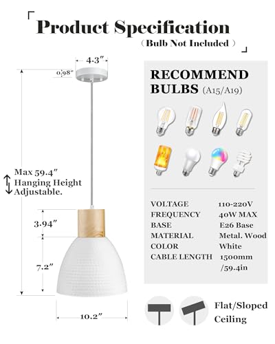 ELYONA Modern Pendant Light Fixtures, 10.2” Hammered Metal & Rubber Wood Island Hanging Lamp, Adjustable Height, Pendant Lighting for Kitchen,Farmhouse Bar,Dining Room,Bedroom, Nordic White - WoodArtSupply