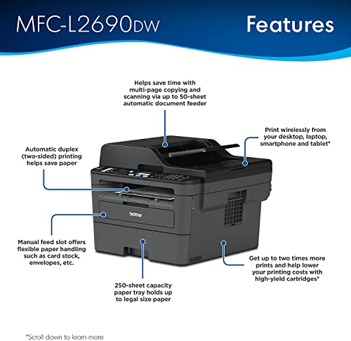 Brother MFC L26 Series All-in-One Laser Monochrome Printer, Print, Copy, Scan, Fax - 26 ppm, 2400 x 600 dpi, 250 Sheets, Wireless, Mobile Printing, Auto 2-Sided Printing, with MTC Printer Cable