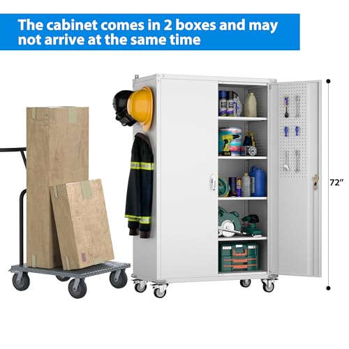 Upgraded Wide and Deep Garage Storage Cabinet with Wheels and Doors,Metal Storage Cabinet with Pegboards and 4 Adjustable Shelves for Garage Home Basement,Required Assembly,White,43.3"Wx21.9"Dx72"H Reemoon