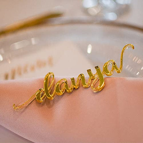 Gold Wedding Place Cards Personalized Acrylic Laser Cut Names Place name settings Guest name tags Wedding Signs Calligraphy Modern New Font Wood Decorations Wooden Centerpieces Dinner Party Decor FranJohnsonHouse